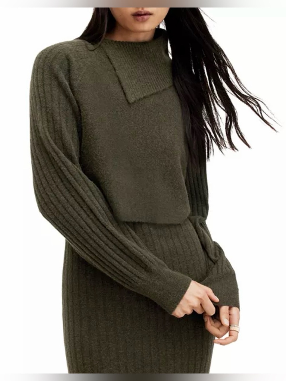 All Saints Olive Ribbed Knit Midi Dress Set - Picture 2 of 11